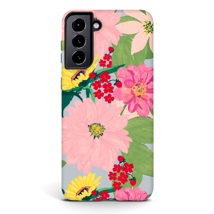 Galaxy S21 plus StrongFit Elegant Watercolor Sunflowers Blush Floral Gray Design by InovArts