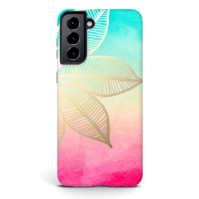 Galaxy S21 StrongFit Gold Flower on Turquoise and Pink Watercolor by Tangerine-Tane