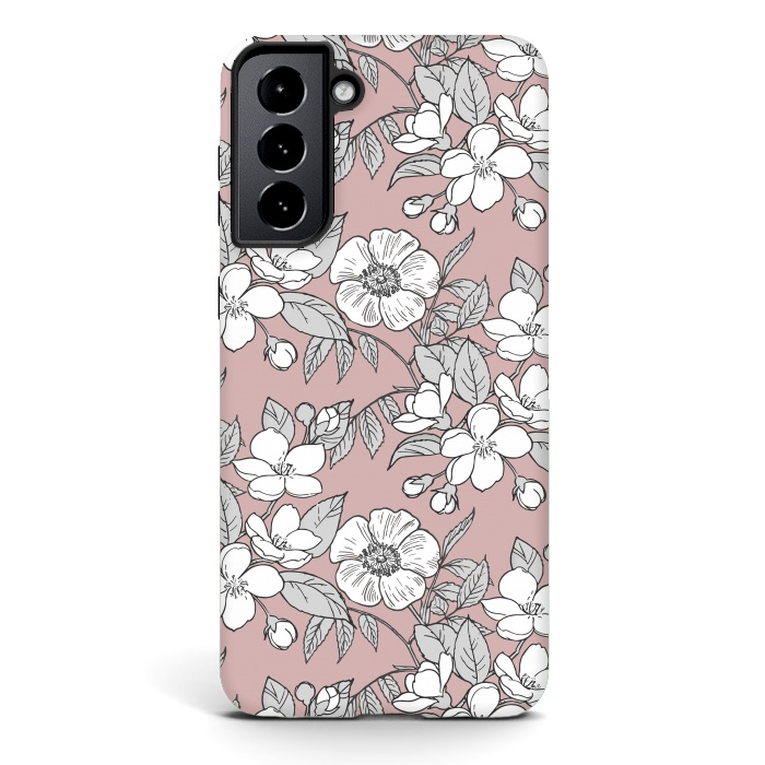 Galaxy S21 StrongFit White Cherry flowers line art drawing on pink by Oana 