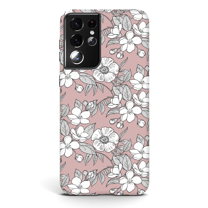 Galaxy S21 ultra StrongFit White Cherry flowers line art drawing on pink by Oana 
