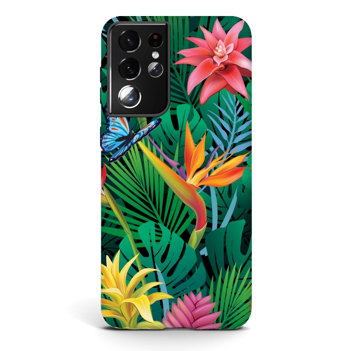 Galaxy S21 ultra StrongFit Cute Tropical Floral Design Green Pink and Purple by ArtsCase
