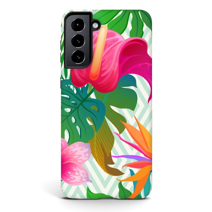 Galaxy S21 StrongFit Exotic Flowers and Leaves in Geometric Decoration by ArtsCase