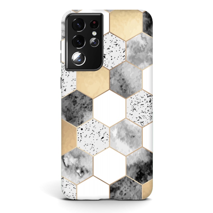 Galaxy S21 ultra StrongFit Grey Marble and Watercolour Polygons by ArtsCase