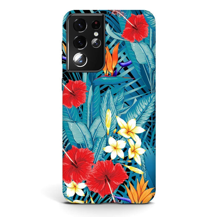 Galaxy S21 ultra StrongFit Tropical Flowers Hibiscus Frangipani Heliconias by ArtsCase