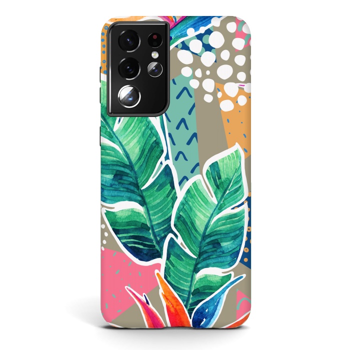 Galaxy S21 ultra StrongFit Tropical Flowers Watercolors with Geometric Outline by ArtsCase