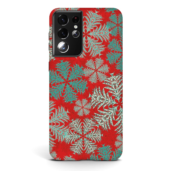 Galaxy S21 ultra StrongFit Xmas Snowflakes Red Aqua by Lotti Brown