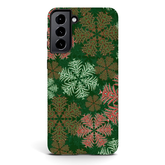 Galaxy S21 StrongFit Xmas Snowflakes Red & Green by Lotti Brown