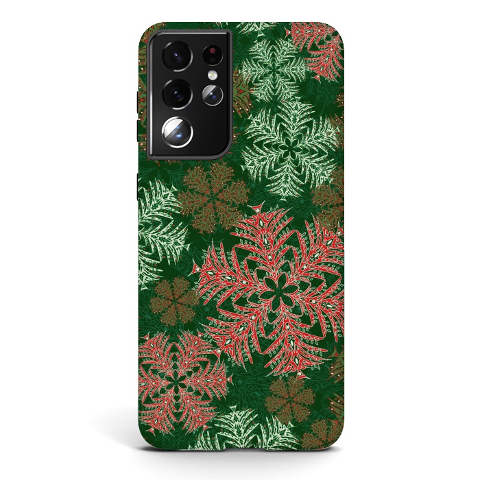 Galaxy S21 ultra StrongFit Xmas Snowflakes Red & Green by Lotti Brown