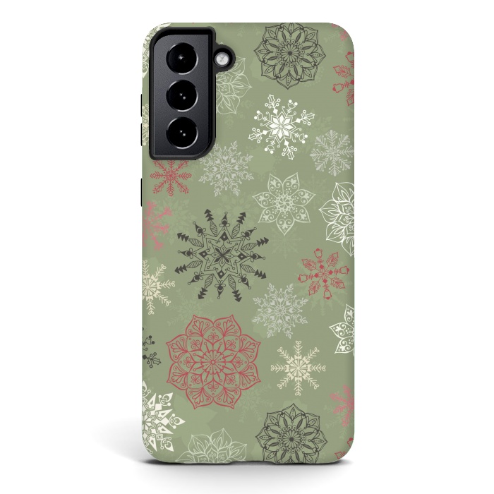 Galaxy S21 StrongFit Christmas Snowflakes on Dark Green by Paula Ohreen