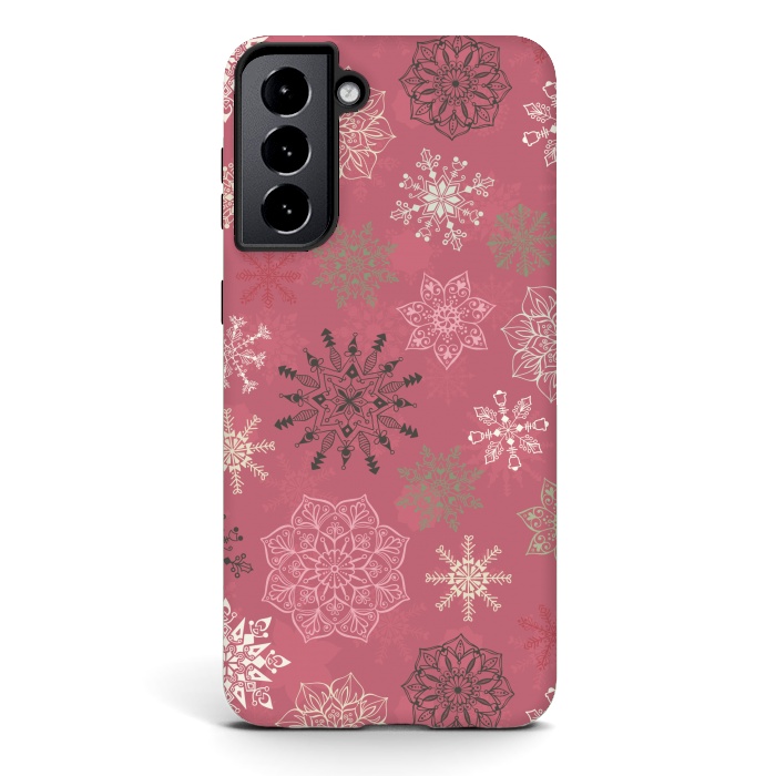 Galaxy S21 StrongFit Christmas Snowflakes on Pink by Paula Ohreen