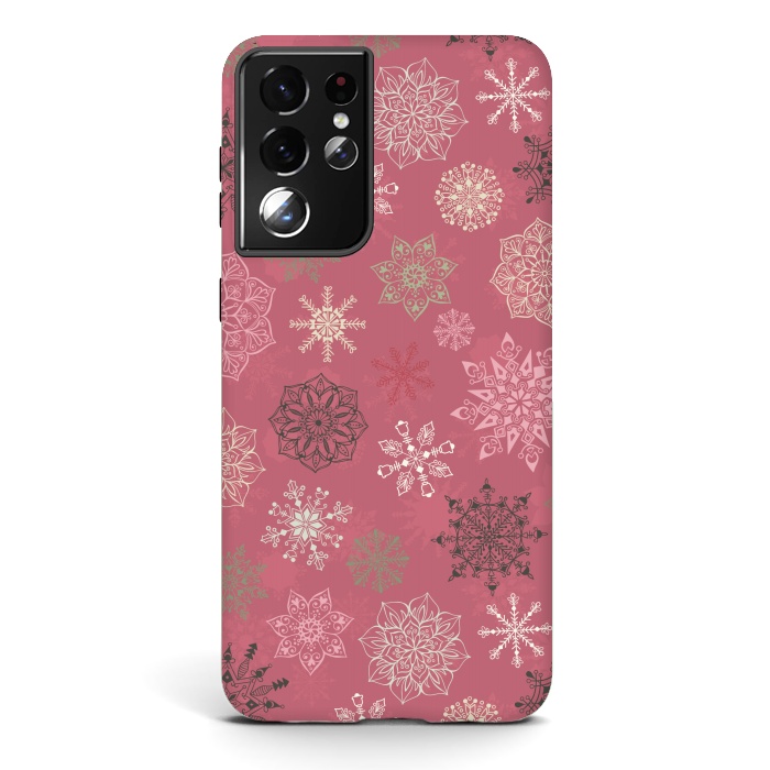 Galaxy S21 ultra StrongFit Christmas Snowflakes on Pink by Paula Ohreen