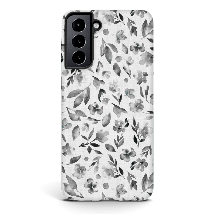 Galaxy S21 StrongFit Watercolor Textured Floral Toss - Black and White by Paula Ohreen