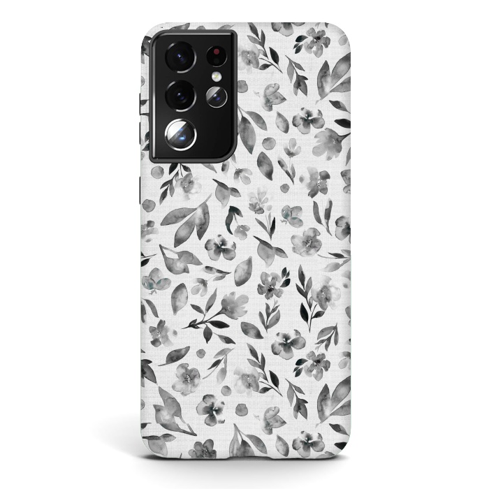 Galaxy S21 ultra StrongFit Watercolor Textured Floral Toss - Black and White by Paula Ohreen