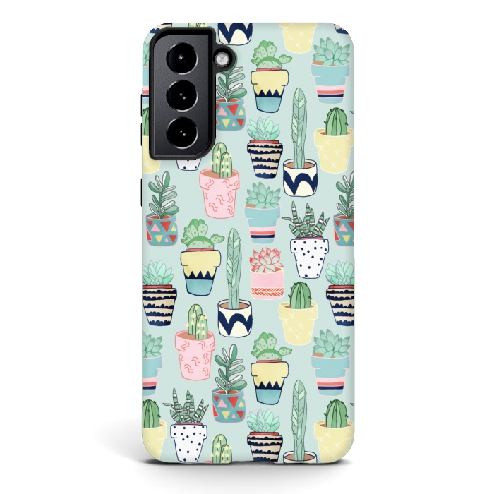 Galaxy S21 StrongFit Cute Cacti In Pots on Mint Green by Tangerine-Tane