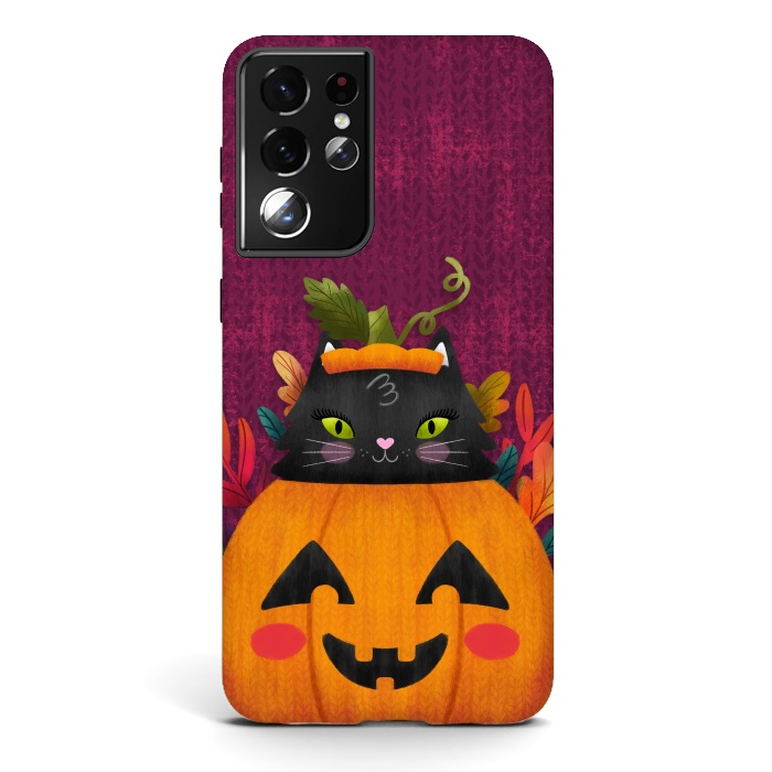 Galaxy S21 ultra StrongFit Pumpkin Kitty Peekaboo by Noonday Design