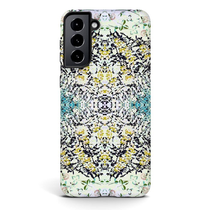 Galaxy S21 plus StrongFit Yellow blue ditsy flowers and leaves pattern by Oana 
