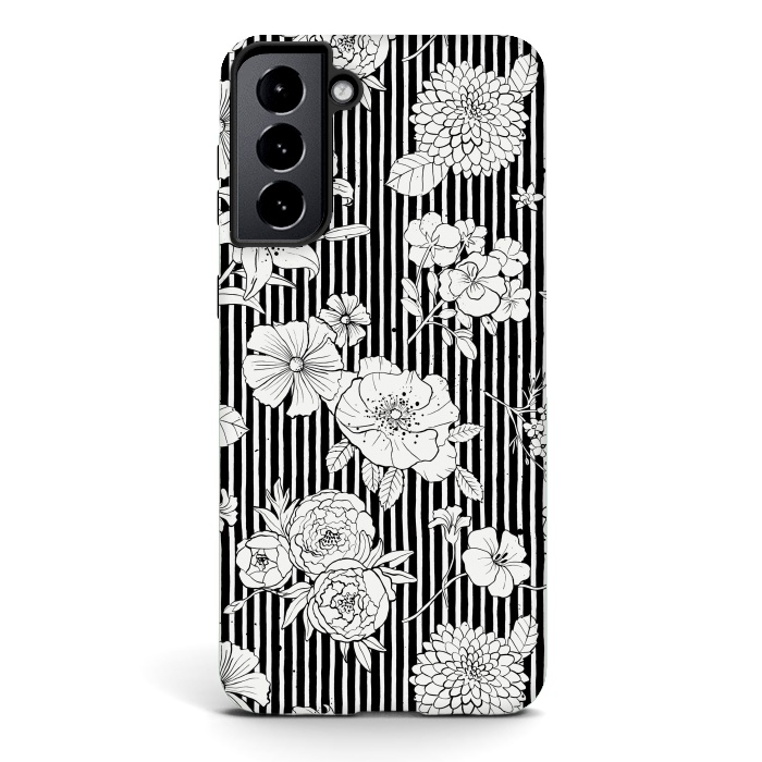 Galaxy S21 StrongFit Flowers and Stripes Black and White by Ninola Design