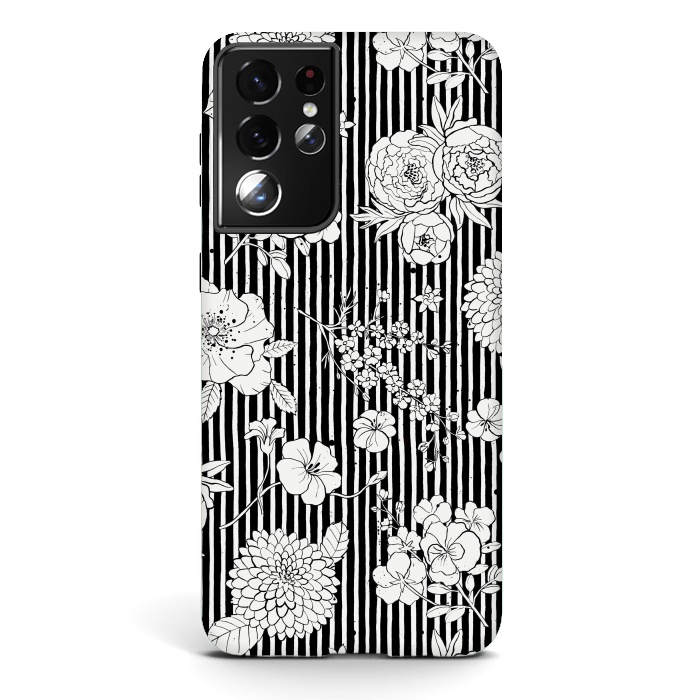 Galaxy S21 ultra StrongFit Flowers and Stripes Black and White by Ninola Design