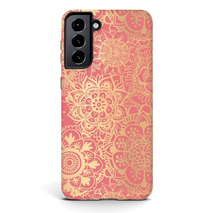 Galaxy S21 StrongFit Coral Pink and Gold Mandala Pattern by Julie Erin Designs