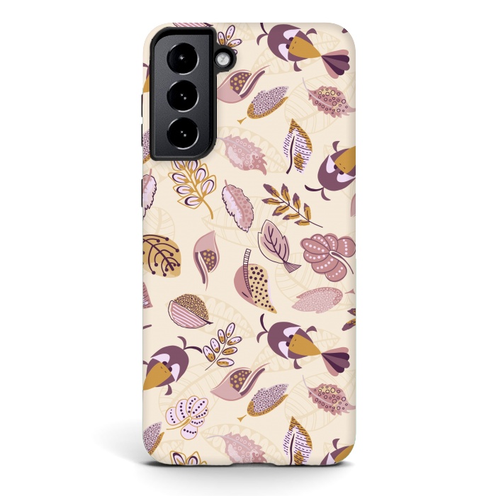 Galaxy S21 plus StrongFit Cute parrots in a fun tossed pattern with funky leaves in purple and mustard by Paula Ohreen