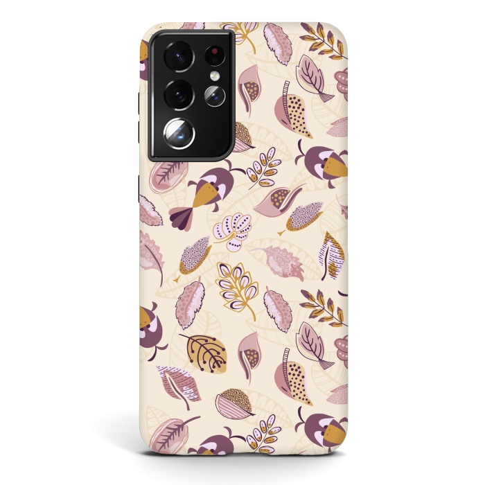 Galaxy S21 ultra StrongFit Cute parrots in a fun tossed pattern with funky leaves in purple and mustard by Paula Ohreen