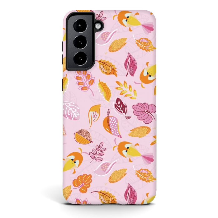 Galaxy S21 StrongFit Cute parrots in a fun tossed pattern with funky leaves in pink and orange by Paula Ohreen