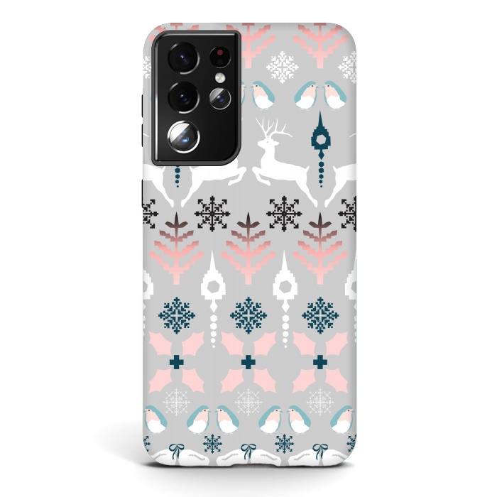 Galaxy S21 ultra StrongFit Christmas Fair Isle in Grey, Pink and Blue by Paula Ohreen
