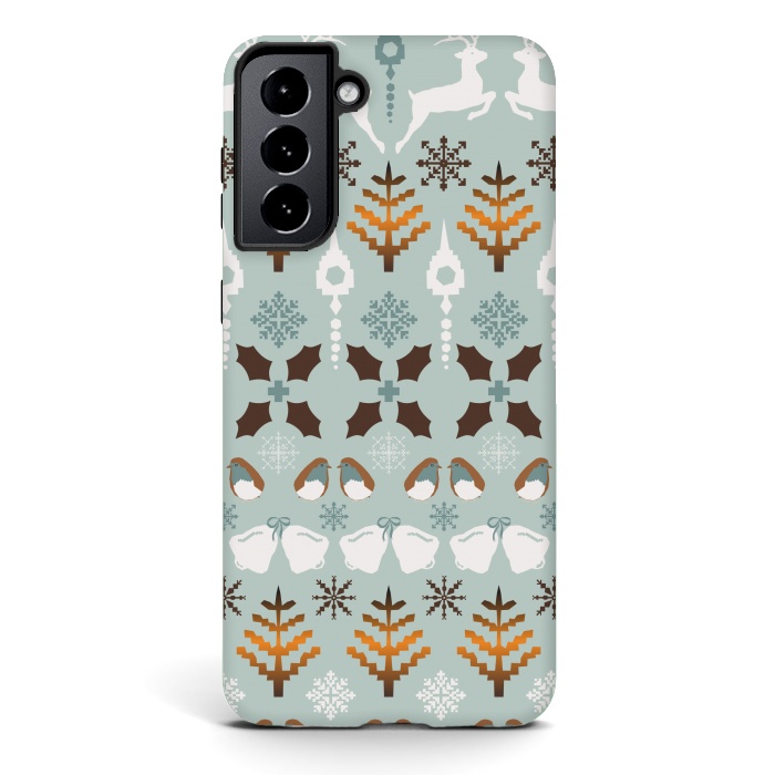 Galaxy S21 StrongFit Fair Isle Christmas in blue and brown by Paula Ohreen