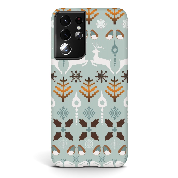Galaxy S21 ultra StrongFit Fair Isle Christmas in blue and brown by Paula Ohreen