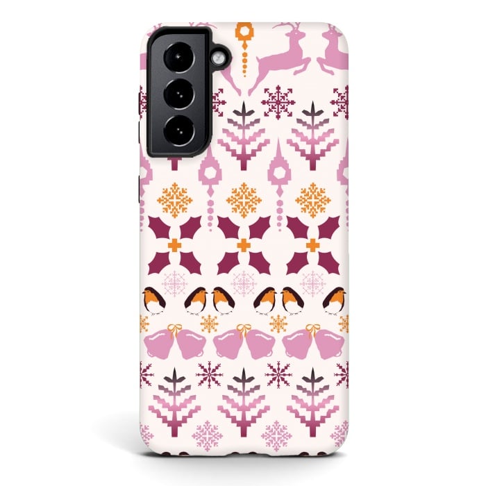 Galaxy S21 plus StrongFit Fair Isle Christmas in pink and orange by Paula Ohreen