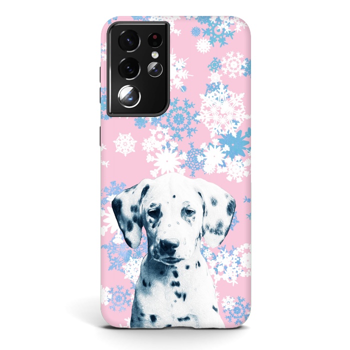Galaxy S21 ultra StrongFit Pink blue dalmatian and snowflakes by Oana 