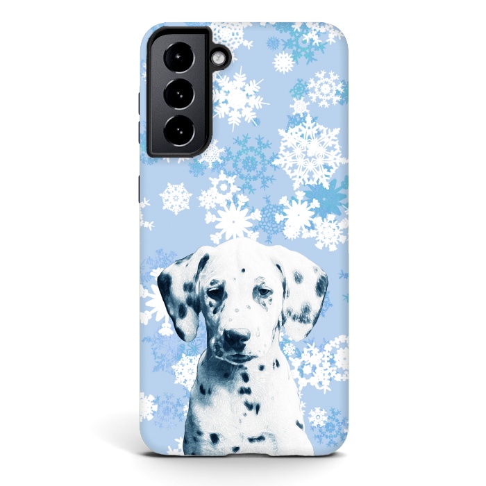 Galaxy S21 StrongFit Cute dalmatian and blue white snowflakes by Oana 