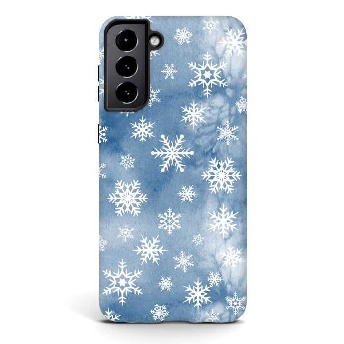 Galaxy S21 StrongFit Blue white watercolor Christmas snowflakes by Oana 