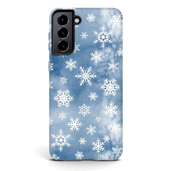Galaxy S21 plus StrongFit Blue white watercolor Christmas snowflakes by Oana 