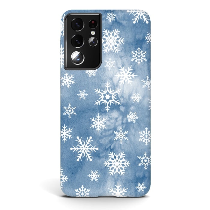 Galaxy S21 ultra StrongFit Blue white watercolor Christmas snowflakes by Oana 