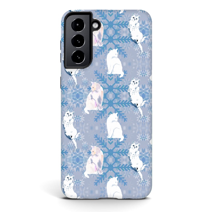 Galaxy S21 plus StrongFit Cute white cats and blue Christmas snowflakes by Oana 