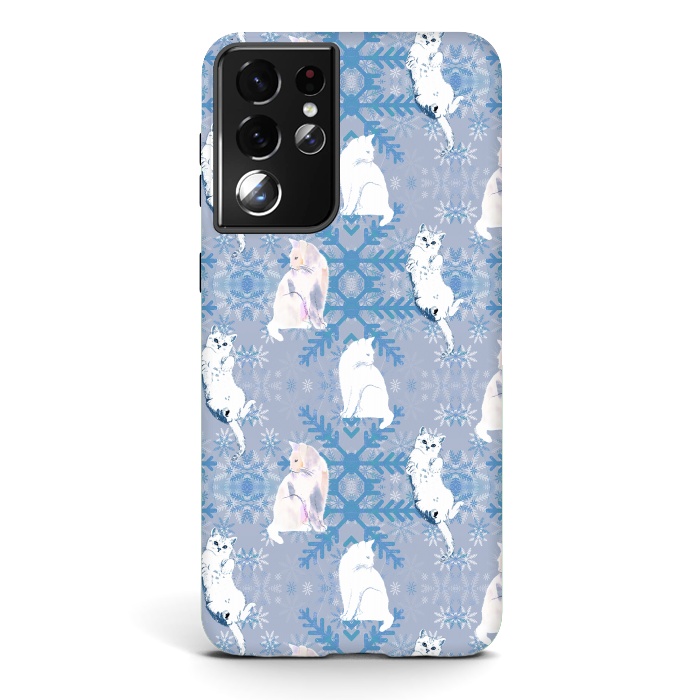 Galaxy S21 ultra StrongFit Cute white cats and blue Christmas snowflakes by Oana 