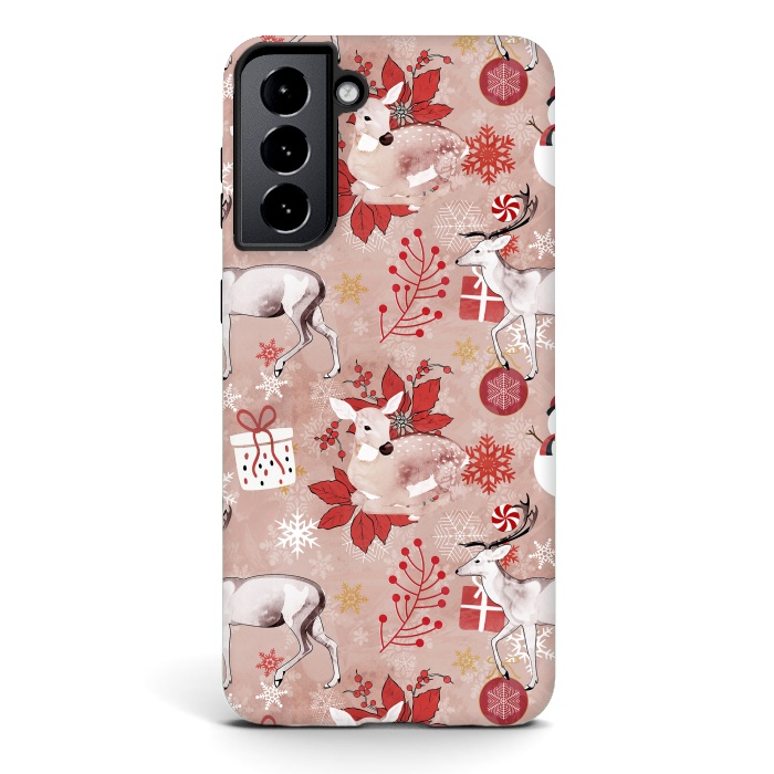 Galaxy S21 StrongFit Deers and Christmas ornaments red pink by Oana 