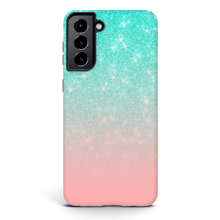 Galaxy S21 StrongFit Girly Pastel Blue Pink Glitter Ombre Gradient by Julie Erin Designs