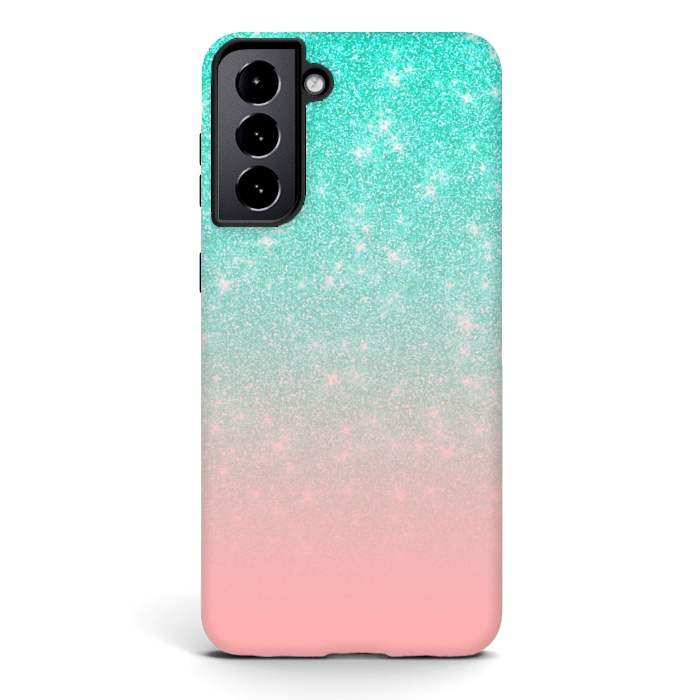 Galaxy S21 plus StrongFit Girly Pastel Blue Pink Glitter Ombre Gradient by Julie Erin Designs