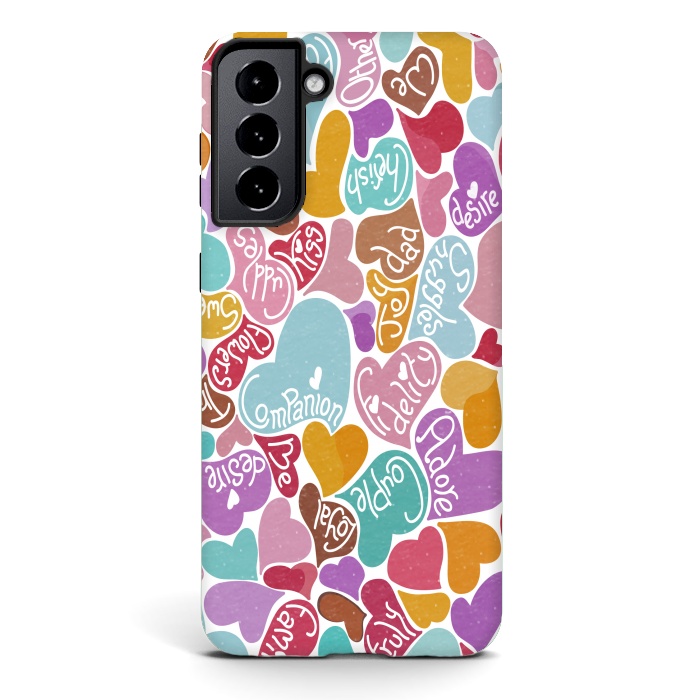 Galaxy S21 plus StrongFit Multicolored Love hearts with loving words by Paula Ohreen