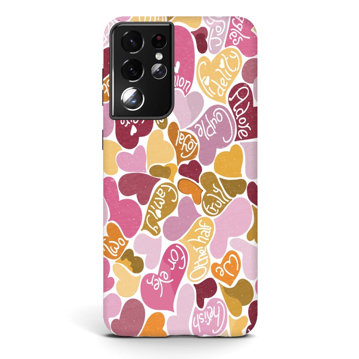 Galaxy S21 ultra StrongFit Love hearts with loving words in pink and orange by Paula Ohreen