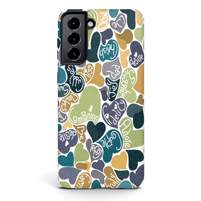 Galaxy S21 StrongFit Love hearts with loving words in blue and green by Paula Ohreen