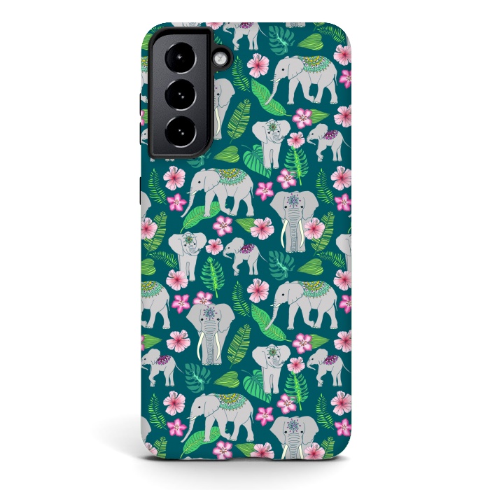 Galaxy S21 StrongFit Elephants of the Jungle on Green by Tangerine-Tane