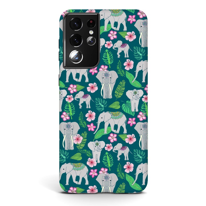 Galaxy S21 ultra StrongFit Elephants of the Jungle on Green by Tangerine-Tane