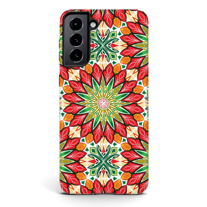 Galaxy S21 StrongFit ORANGE RED FLORAL GREEN PRINT by MALLIKA