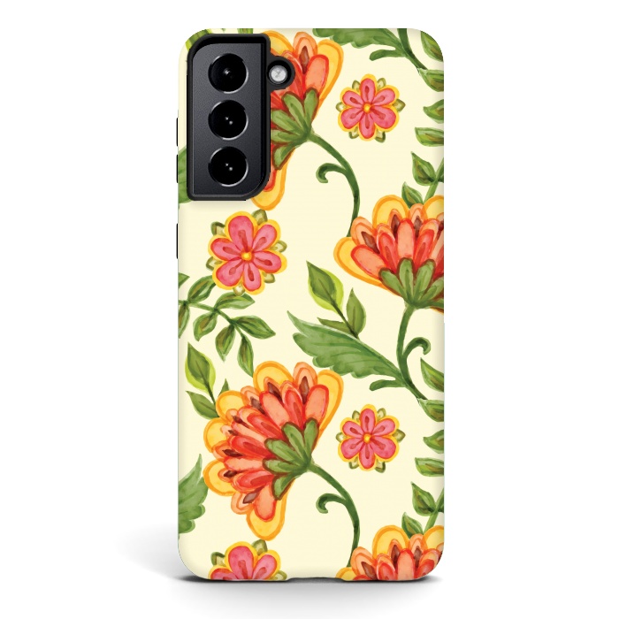 Galaxy S21 StrongFit red yellow green floral pattern by MALLIKA