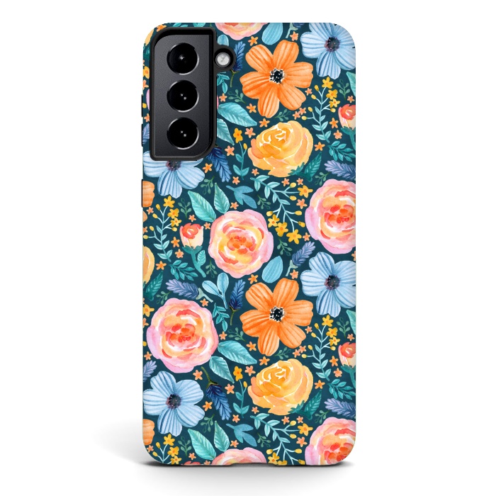 Galaxy S21 plus StrongFit Bold Blooms on Dark Teal by Tangerine-Tane