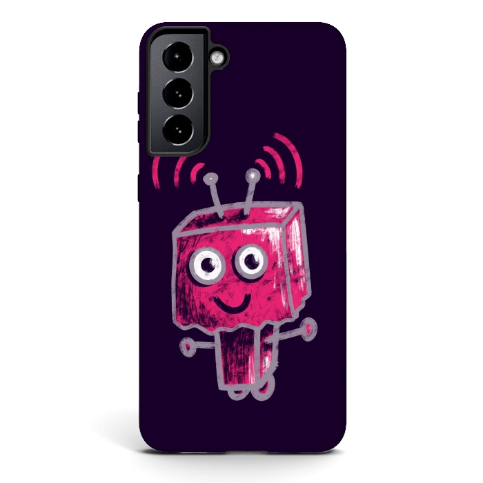 Galaxy S21 StrongFit Cute Pink Robot With Paper Bag Head Kids by Boriana Giormova