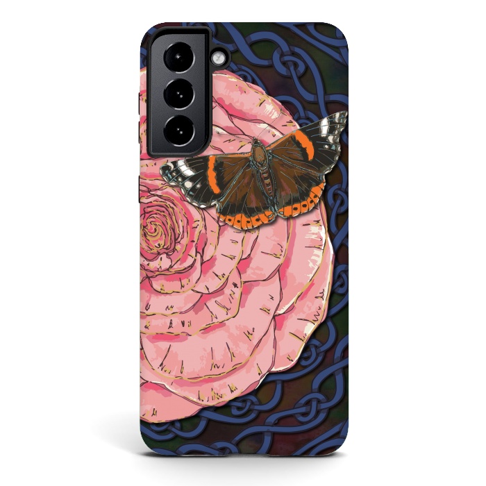 Galaxy S21 StrongFit Pink Rose and Butterfly by Lotti Brown